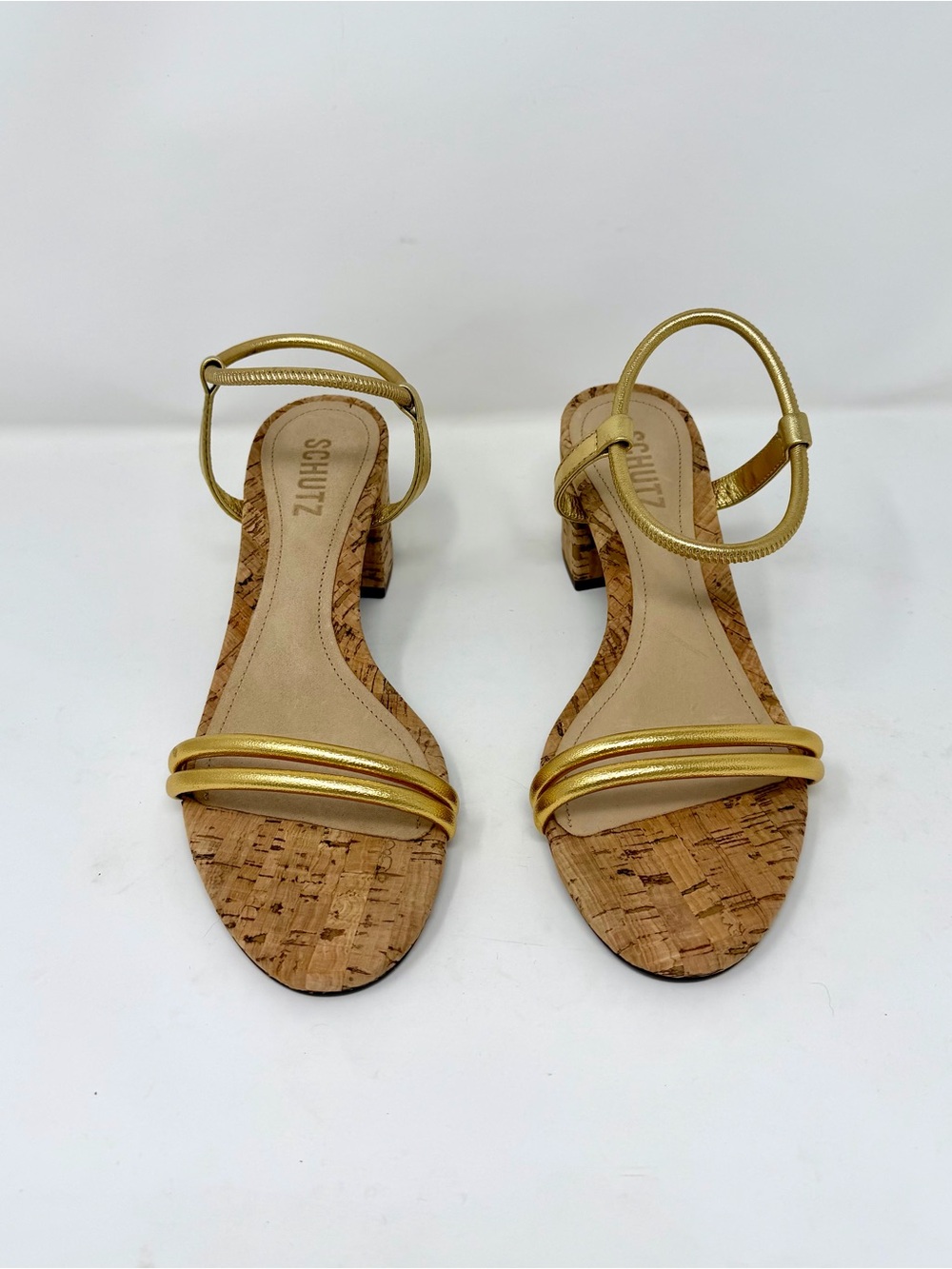 SCHUTZ Gold Metallic Cork Block Heel Sandals with Ankle Strap